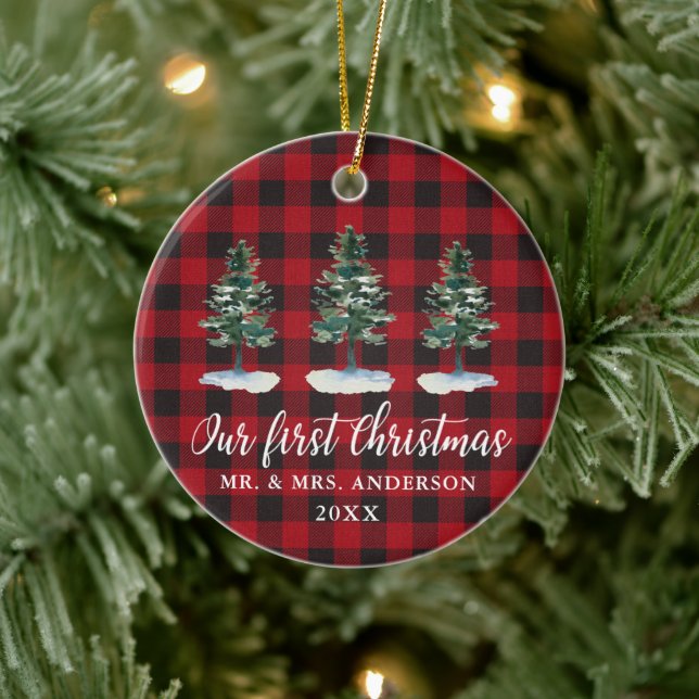 First Christmas Calligraphy Watercolor Pines Plaid Ceramic Ornament (Tree)