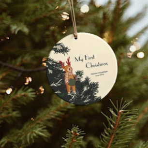 First Christmas – Caroling Reindeer in pine tree Ceramic Ornament