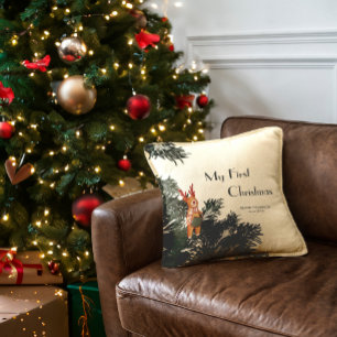First Christmas – Caroling Reindeer in pine tree Throw Pillow