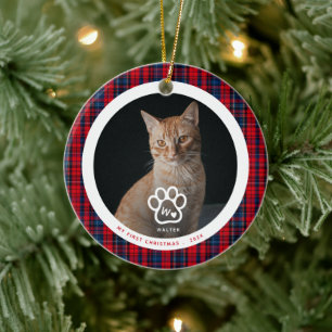 First Christmas Cat Photo Monogram Name Tartan Ceramic Ornament