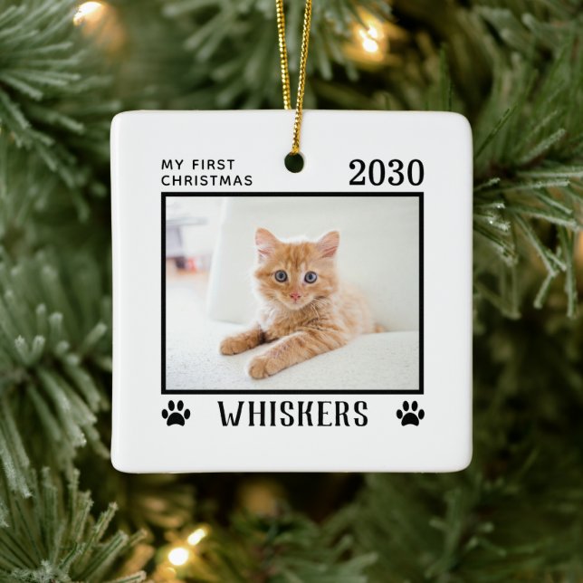 First Christmas Cat Photo Name Paw Prints Custom Ceramic Ornament (Tree)