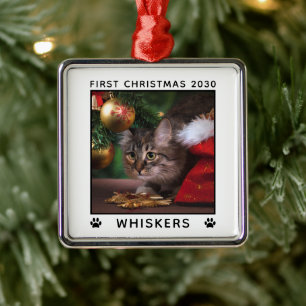 First Christmas Cat Photo Name Paw Prints Custom Metal Ornament
