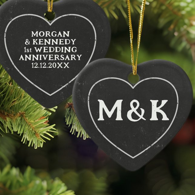 First Christmas Chalkboard Heart Ornament (Celebrate your first wedding anniversary with this rustic ceramic ornament. Just add your details)