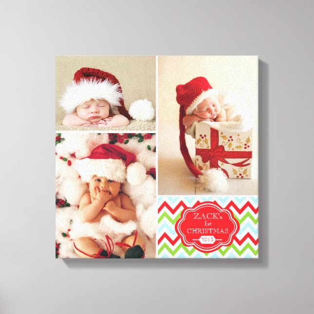First Christmas Chevron Baby Photo Collage Canvas Print (Front)