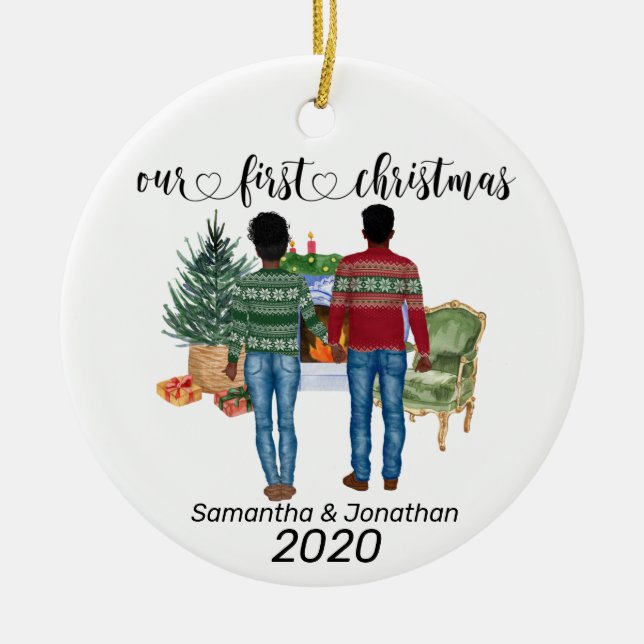 First Christmas Couple African American Newlyweds Ceramic Ornament (Front)