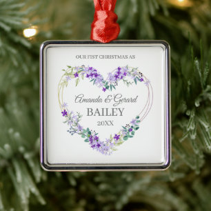 First Christmas Couple with Lavender Flowers Metal Ornament