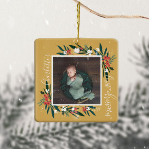  First Christmas Cranberry & Foliage Baby Photo Ceramic Ornament
