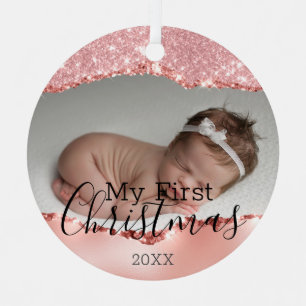 First Christmas Custom Baby Photo & Pink Glitter Metal Ornament