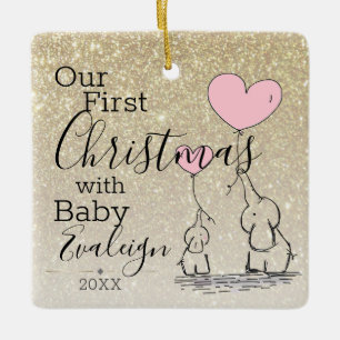 First Christmas Custom Gold Glitter Baby Elephant Ceramic Ornament