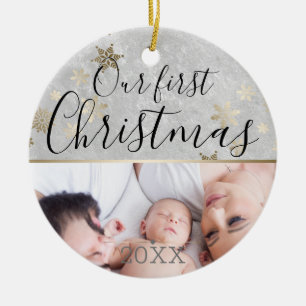 First Christmas Custom Photo Silver and Gold Ceramic Ornament
