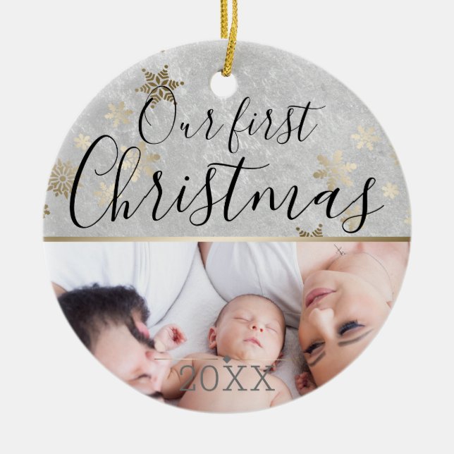 First Christmas Custom Photo Silver and Gold Ceramic Ornament (Front)