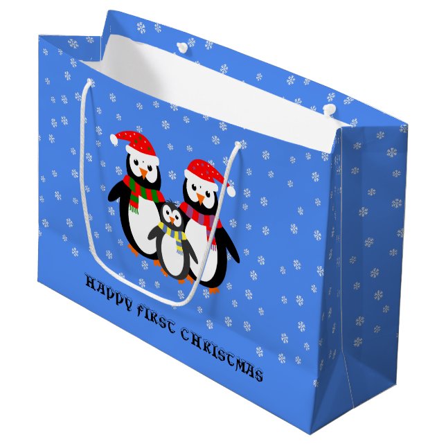 First Christmas custom text penguins blue Large Gift Bag (Front Angled)