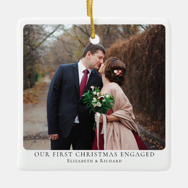 First Christmas Customizable Engaged Minimal Photo Ceramic Ornament (Front)