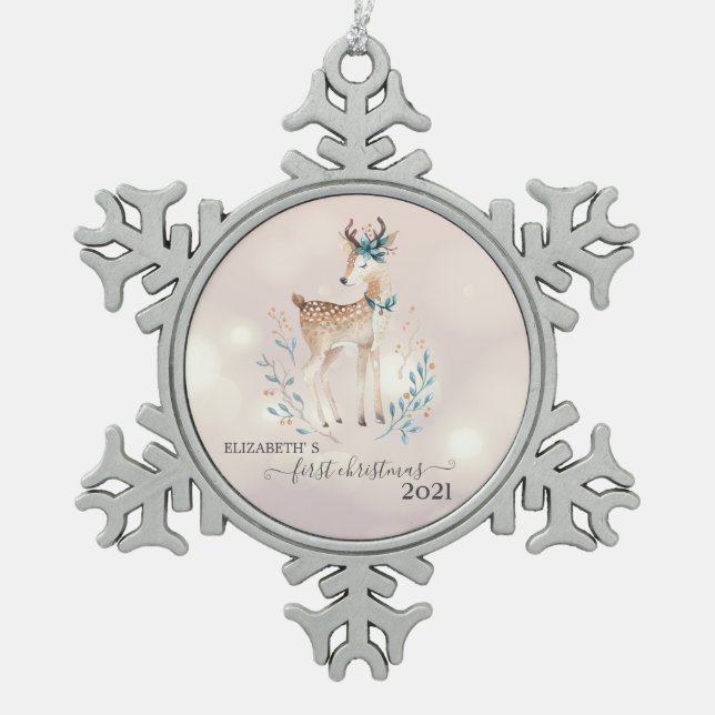 First Christmas,Cute Deer Holiday   Snowflake Pewter Christmas Ornament (Front)