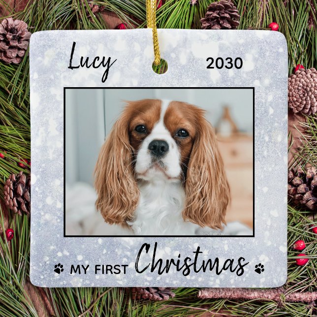 First Christmas Cute Puppy - Silver Dog Pet Photo Ceramic Ornament (Creator Uploaded)