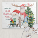 First Christmas Cute Santa & Helpers Personalized Jigsaw Puzzle<br><div class="desc">Personalized puzzle for a little boy or girl's first christmas. The design features Santa Claus and his helpers,  a decorated christmas tree,  a gnome and a sledge with gift wrapped presents. The wording reads "[name's] First Christmas Puzzle [year]" and the template is set up ready for you to customize.</div>