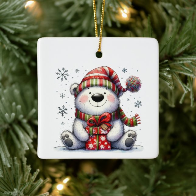 First Christmas Cute Whimsical Bear Customized Ceramic Ornament (Tree)