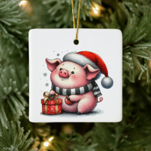 First Christmas Cute Whimsical Piggy Customized Ceramic Ornament