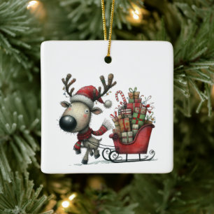 First Christmas Cute Whimsical Reindeer Customized Ceramic Ornament