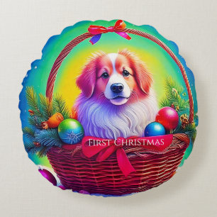 First Christmas Cutest Dog in Holiday Basket Round Pillow
