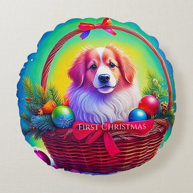 First Christmas Cutest Dog in Holiday Basket Round Pillow (Front)