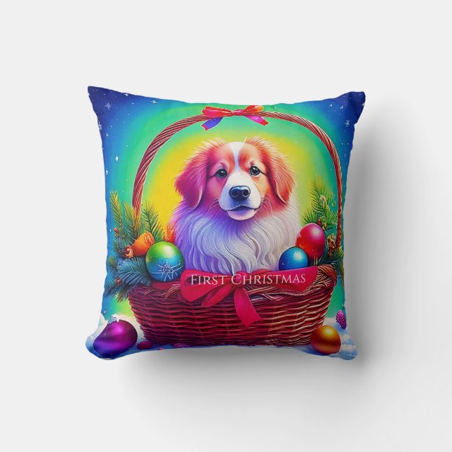 First Christmas Cutest Dog in Holiday Basket Throw Pillow (Front)