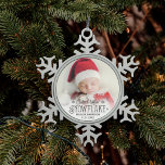 First Christmas cutest little snowflake photo Snowflake Pewter Christmas Ornament<br><div class="desc">With this wonderful Christmas tree ornament,  you can create a special keepsake for your newborn baby girl or baby boy. It can be customized with one of your favourite baby pictures,  the name,  and the date of birth. It features the text "Cutest little snowflake" and small snowflakes.</div>