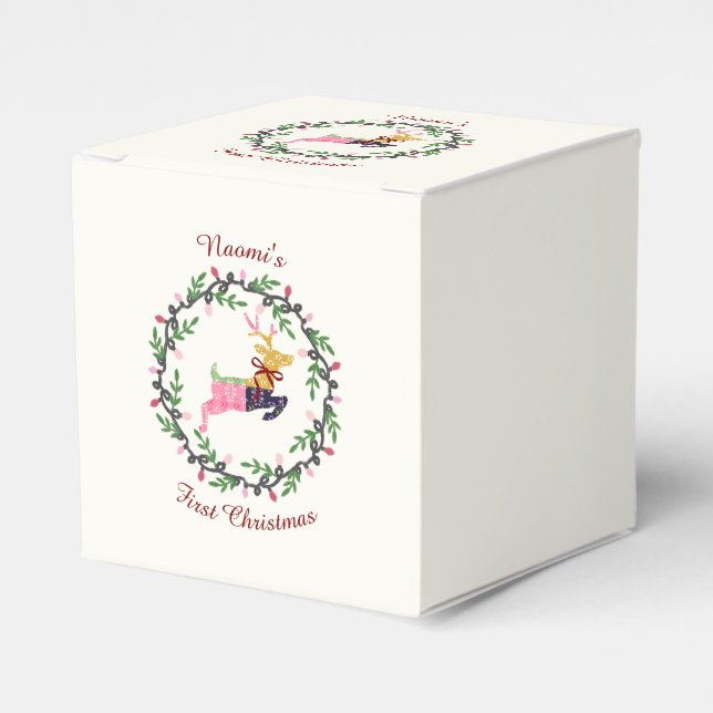 First Christmas Deer with Wreath Customize Favor Box (Front Side)