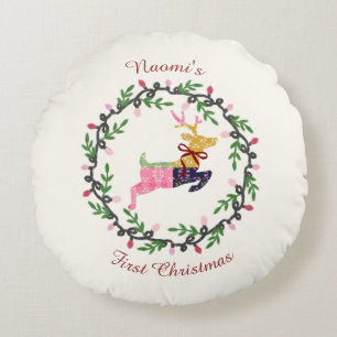 First Christmas Deer with Wreath Customize Round Pillow