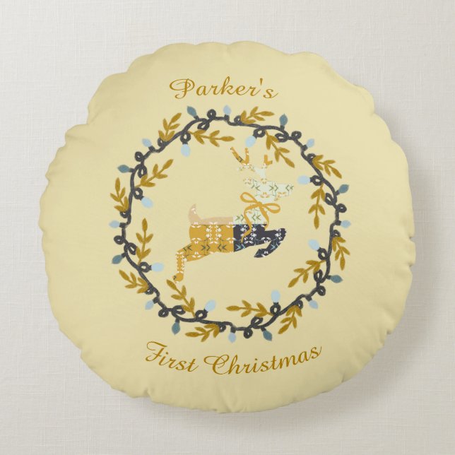 First Christmas Deer with Wreath Soft Yellow  Round Pillow (Front)