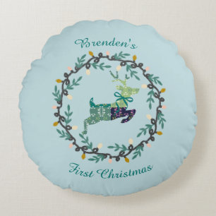First Christmas Deer with Wreath Teal Customize Round Pillow