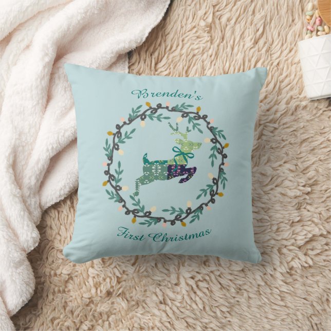 First Christmas Deer with Wreath Teal Customize Throw Pillow (Blanket)