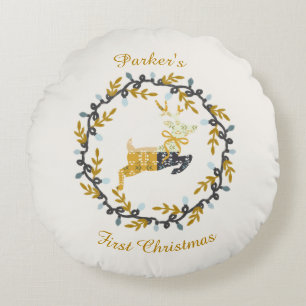 First Christmas Deer with Wreath Yellow Cream Round Pillow
