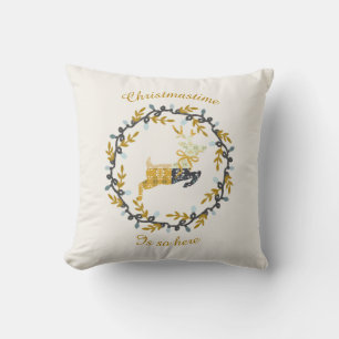 First Christmas Deer with Wreath Yellow Cream Throw Pillow