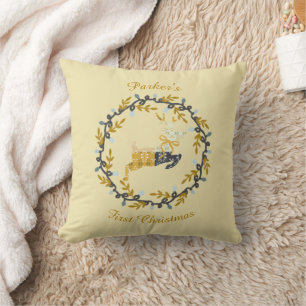 First Christmas Deer with Wreath Yellow  Throw Pillow