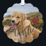 First Christmas dog forever home photo name green Ornament Card<br><div class="desc">Modern add your pet name dark red burgundy and green script first Christmas with your dog keepsake tree ornament card.</div>