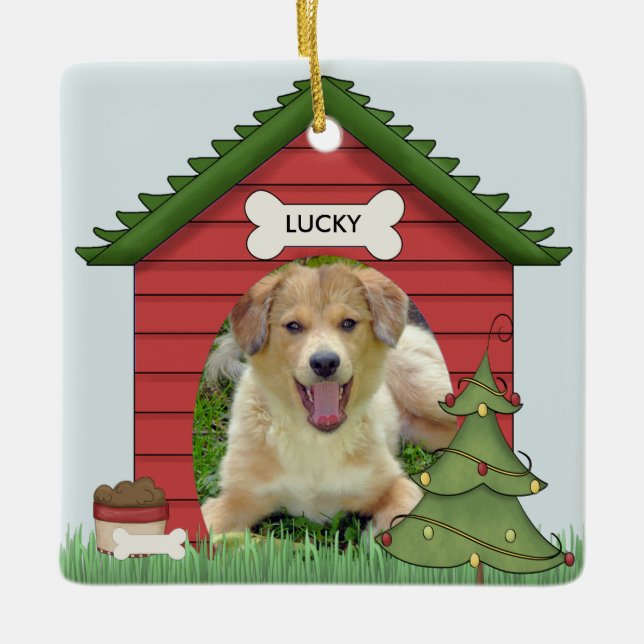 First Christmas Dog House Photo Name & Year Ceramic Ornament (Front)