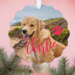 First Christmas dog in forever home photo name Ornament Card<br><div class="desc">Modern add your pet name pink script first Christmas with your dog keepsake tree ornament card.</div>