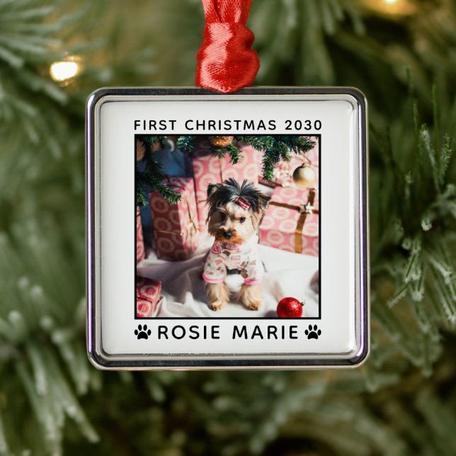 First Christmas Dog Photo Name Paw Prints Custom Metal Ornament (Tree)