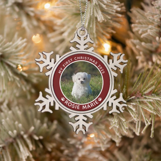 First Christmas Dog Photo Name Paw Prints Custom Snowflake Pewter Christmas Ornament (Tree)
