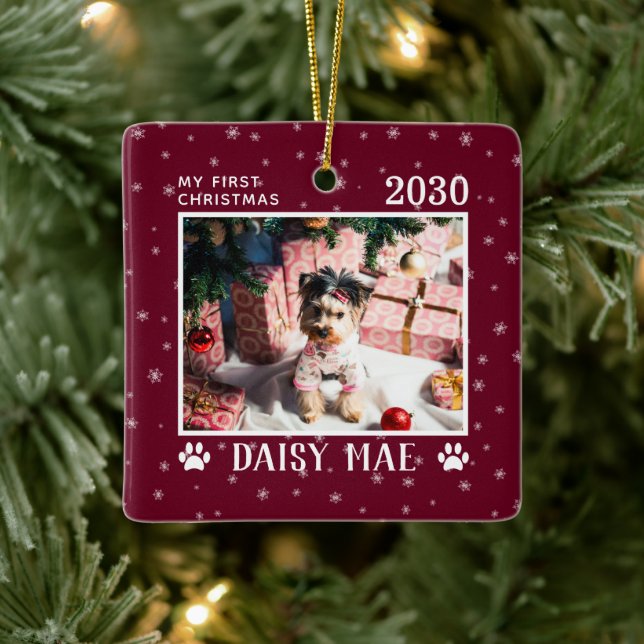 First Christmas Dog Photo Name Year Custom Ceramic Ornament (Tree)