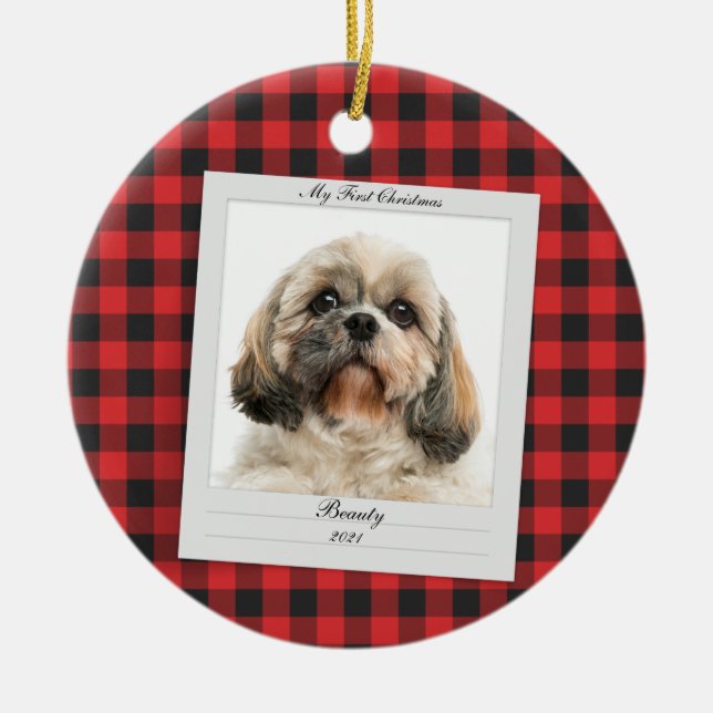 First Christmas Dog Photo Pet Name Year Custom Ceramic Ornament (Front)