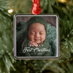 First Christmas Editable Colour Newborn Baby Photo Metal Ornament