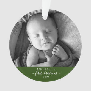 First Christmas Elegant Baby's Photo Name Script Ornament