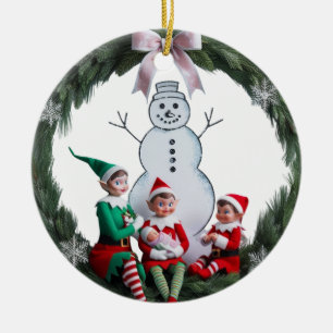 First Christmas Elf Team Wreath Photo Ceramic Ornament