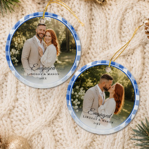 First Christmas Engaged 2 Photo Blue Gingham Ceramic Ornament