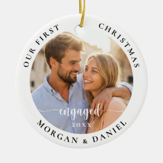 First Christmas Engaged 2 Photo Couple Festive Ceramic Ornament