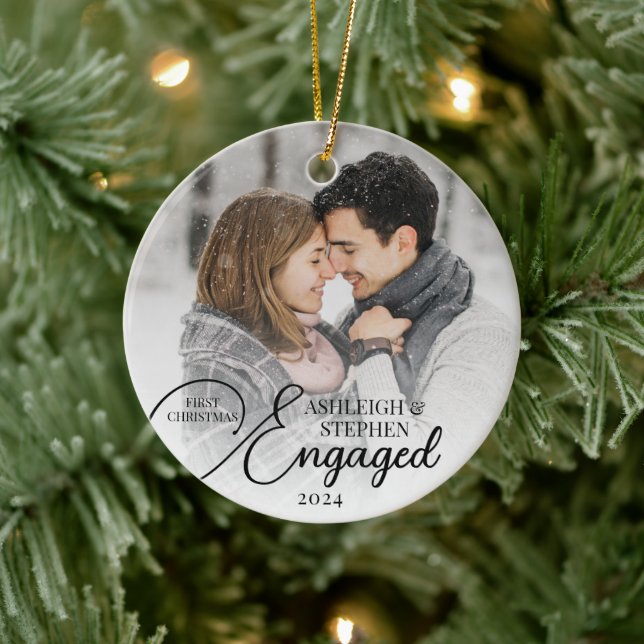 First Christmas Engaged 2 Photo Custom Colour Ceramic Ornament (Tree)