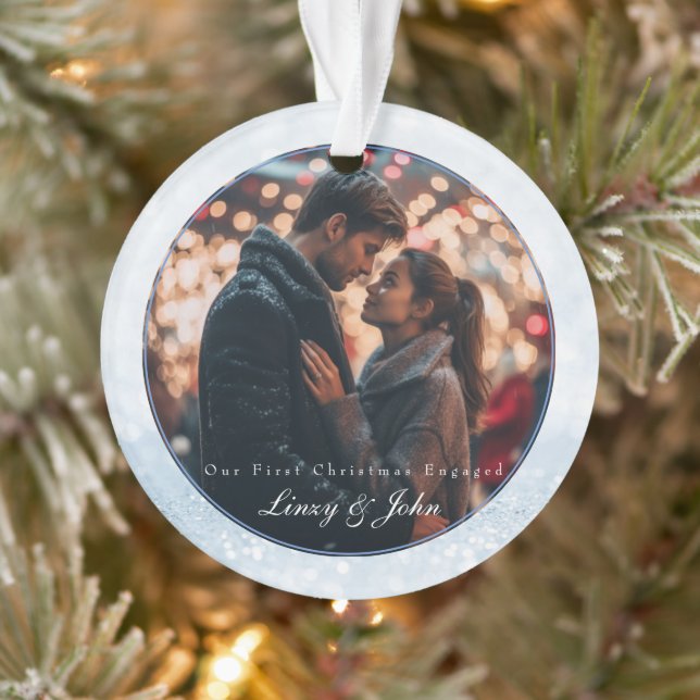 First Christmas Engaged 2 Photo Minimalist Modern Ornament (Tree)