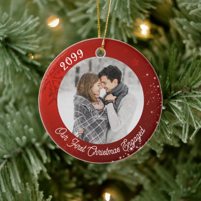 First Christmas Engaged 2 Photo Red Snowflake  Ceramic Ornament (Tree)